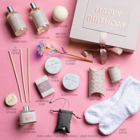 Birthday Gift Basket - Bath & Spa Gift Box with CZ Necklace