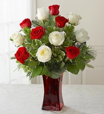ONE DOZEN WHITE AND RED ROSES